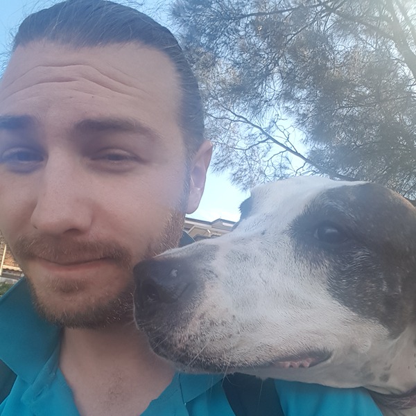 Beau with a whippet at a North Shore dog park, off-leash walking