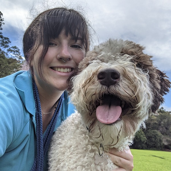 Stellar Paws walker with a labradoodle after a swim at a North Shore beach
